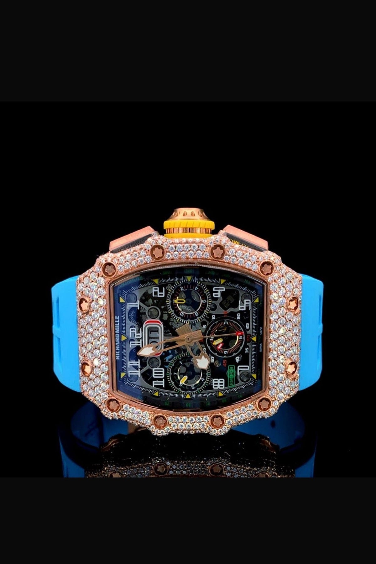 Ravishing Iced Out Blue Color Belt Automatic Moissanite Watch