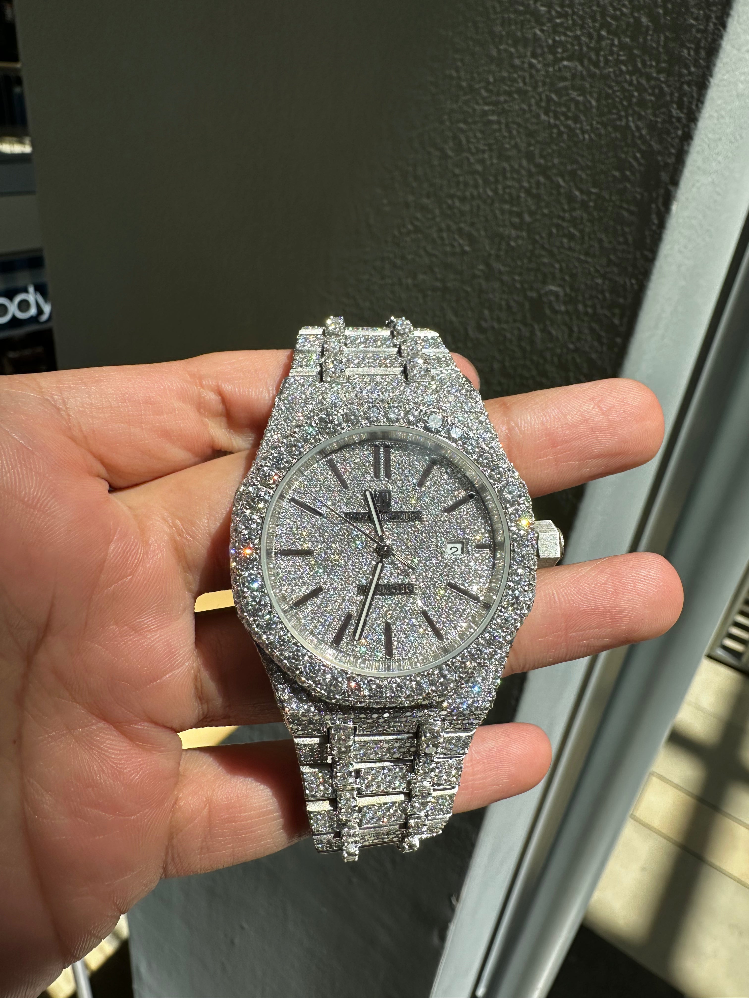 Stainless Steel Automatic Movement 41mm 26 Carat Moissanite Watch fully bussdown